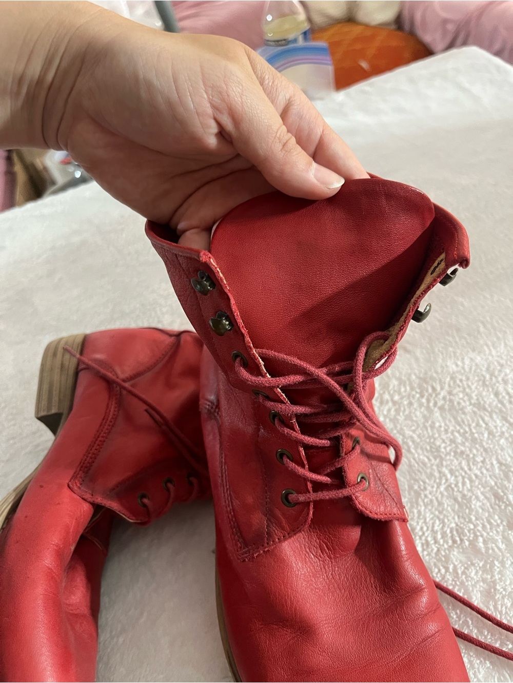 MAISON BULLE 40 EU 8-9 US Soft Leather Women's Red Lace-Up Ankle Boots Low Heel - Picture 3 of 9